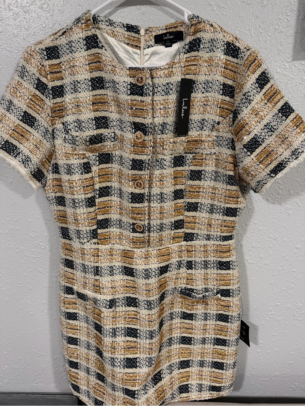 Lulu's NWT metallic tweed mini Plaid Sweater - Black, Cream, Tan XL